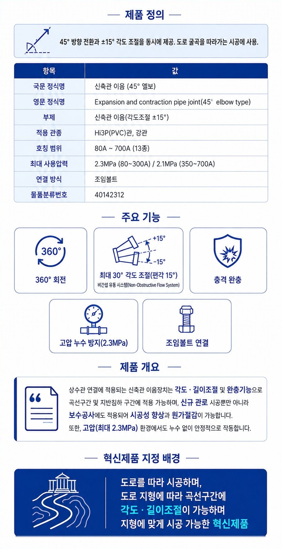 신축관 이음 (45° 엘보) – 제품 정의·주요 기능